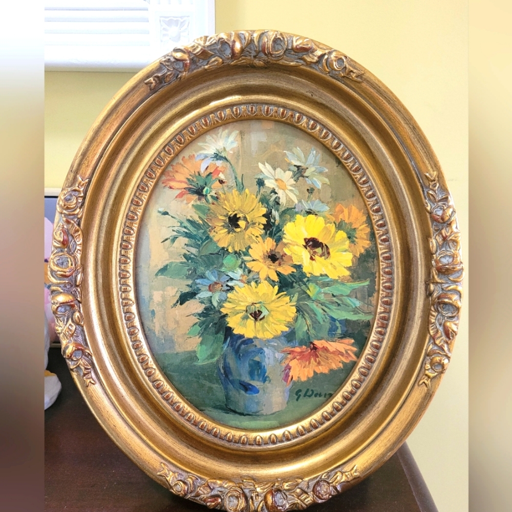 Vintage Floral Print Painting in Ornate Gold Wooden Frame.  13 X 11